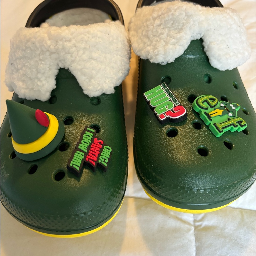 Crocs- ELF- son wore once and outgrew. Wsize 8, Msize 6. Excellent condition!
